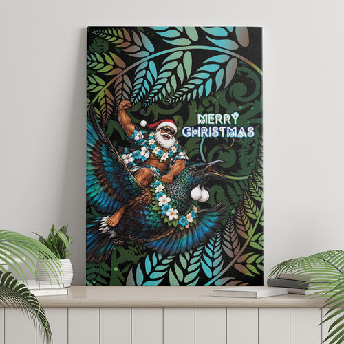 New Zealand Christmas Canvas Wall Art Santa Riding Tui Bird Silver Fern