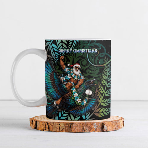 New Zealand Christmas Ceramic Mug Santa Riding Tui Bird Silver Fern
