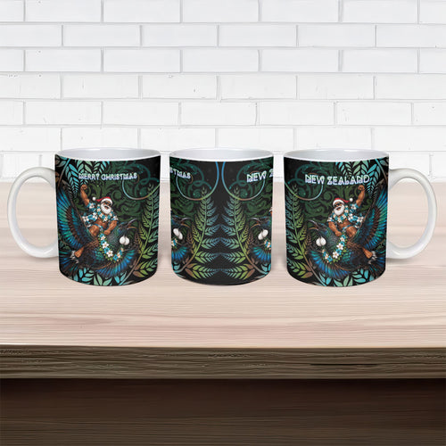 New Zealand Christmas Ceramic Mug Santa Riding Tui Bird Silver Fern