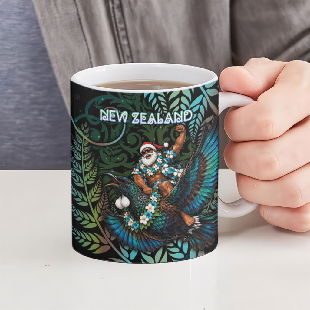 New Zealand Christmas Ceramic Mug Santa Riding Tui Bird Silver Fern