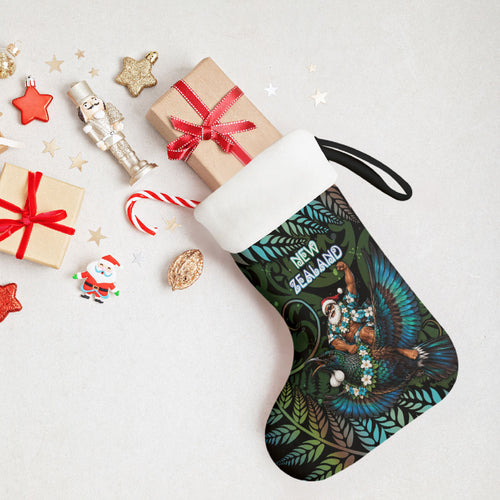 New Zealand Christmas Stocking Santa Riding Tui Bird Silver Fern