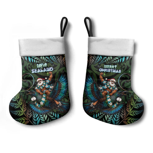 New Zealand Christmas Stocking Santa Riding Tui Bird Silver Fern