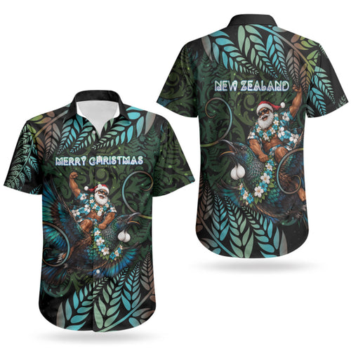 New Zealand Christmas Couples Matching Long Sleeve Bodycon Dress and Hawaiian Shirt Santa Riding Tui Bird Silver Fern