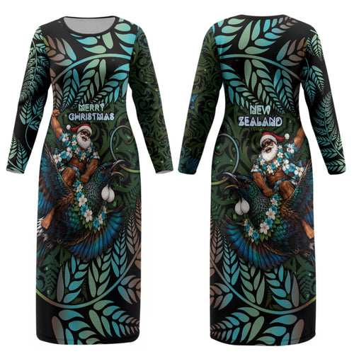 New Zealand Christmas Couples Matching Long Sleeve Bodycon Dress and Hawaiian Shirt Santa Riding Tui Bird Silver Fern