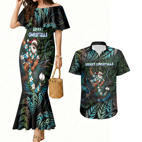 New Zealand Christmas Couples Matching Mermaid Dress and Hawaiian Shirt Santa Riding Tui Bird Silver Fern