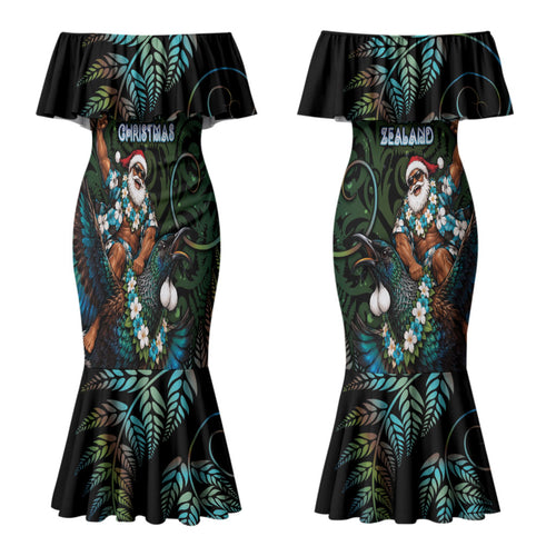 New Zealand Christmas Couples Matching Mermaid Dress and Hawaiian Shirt Santa Riding Tui Bird Silver Fern