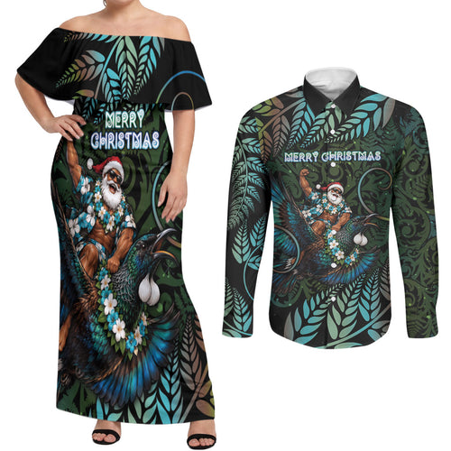 New Zealand Christmas Couples Matching Off Shoulder Maxi Dress and Long Sleeve Button Shirt Santa Riding Tui Bird Silver Fern