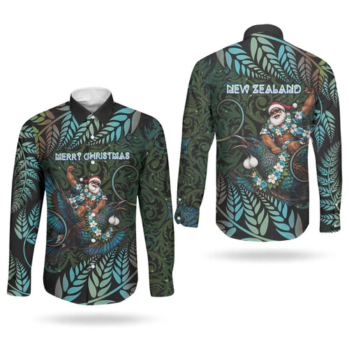 New Zealand Christmas Couples Matching Off Shoulder Maxi Dress and Long Sleeve Button Shirt Santa Riding Tui Bird Silver Fern
