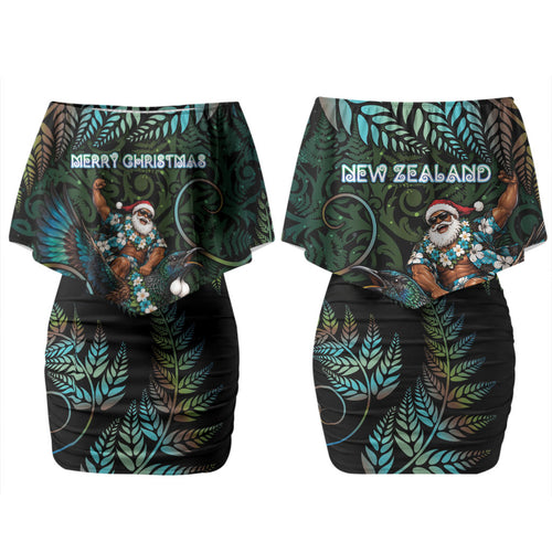 New Zealand Christmas Couples Matching Off Shoulder Short Dress and Hawaiian Shirt Santa Riding Tui Bird Silver Fern