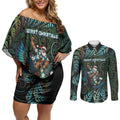 New Zealand Christmas Couples Matching Off Shoulder Short Dress and Long Sleeve Button Shirt Santa Riding Tui Bird Silver Fern