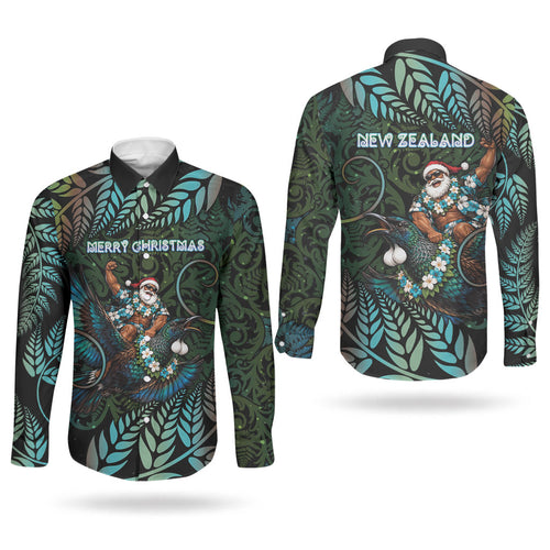 New Zealand Christmas Couples Matching Off Shoulder Short Dress and Long Sleeve Button Shirt Santa Riding Tui Bird Silver Fern