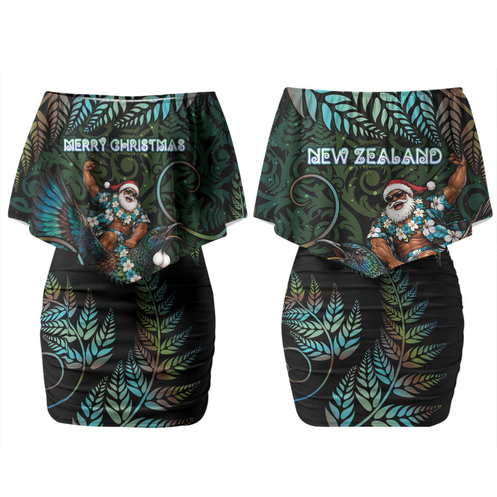 New Zealand Christmas Couples Matching Off Shoulder Short Dress and Long Sleeve Button Shirt Santa Riding Tui Bird Silver Fern