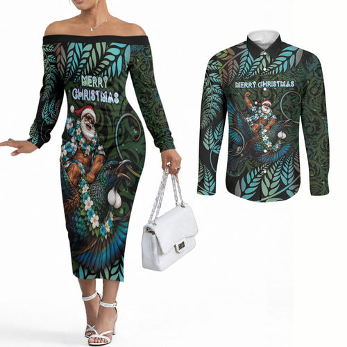 New Zealand Christmas Couples Matching Off The Shoulder Long Sleeve Dress and Long Sleeve Button Shirt Santa Riding Tui Bird Silver Fern
