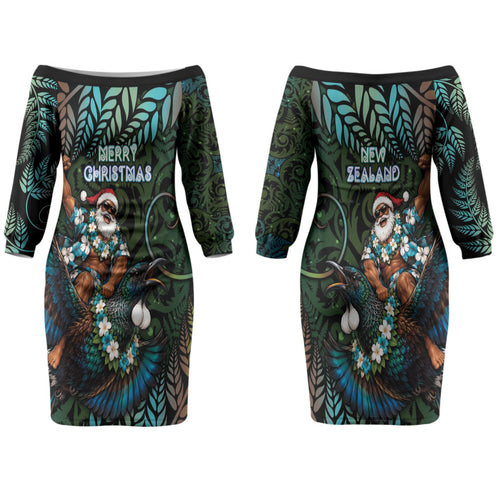 New Zealand Christmas Couples Matching Off The Shoulder Long Sleeve Dress and Long Sleeve Button Shirt Santa Riding Tui Bird Silver Fern