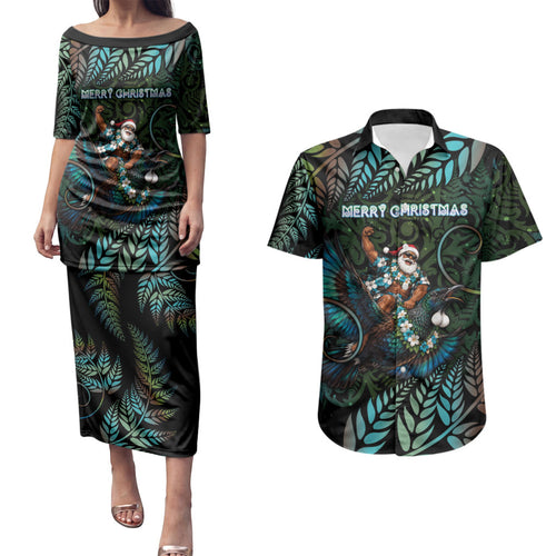 New Zealand Christmas Couples Matching Puletasi and Hawaiian Shirt Santa Riding Tui Bird Silver Fern