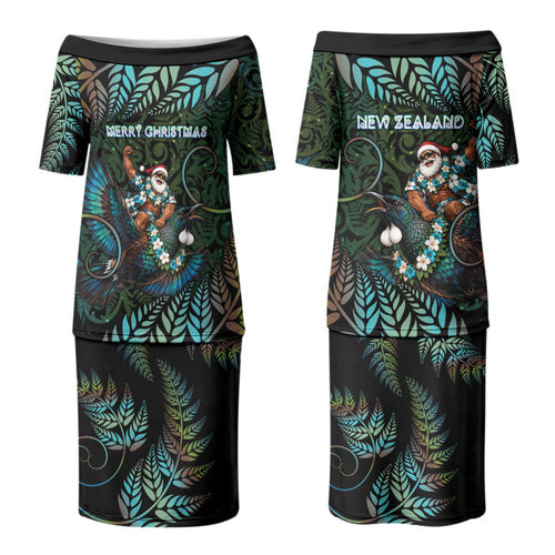 New Zealand Christmas Couples Matching Puletasi and Hawaiian Shirt Santa Riding Tui Bird Silver Fern
