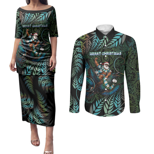 New Zealand Christmas Couples Matching Puletasi and Long Sleeve Button Shirt Santa Riding Tui Bird Silver Fern