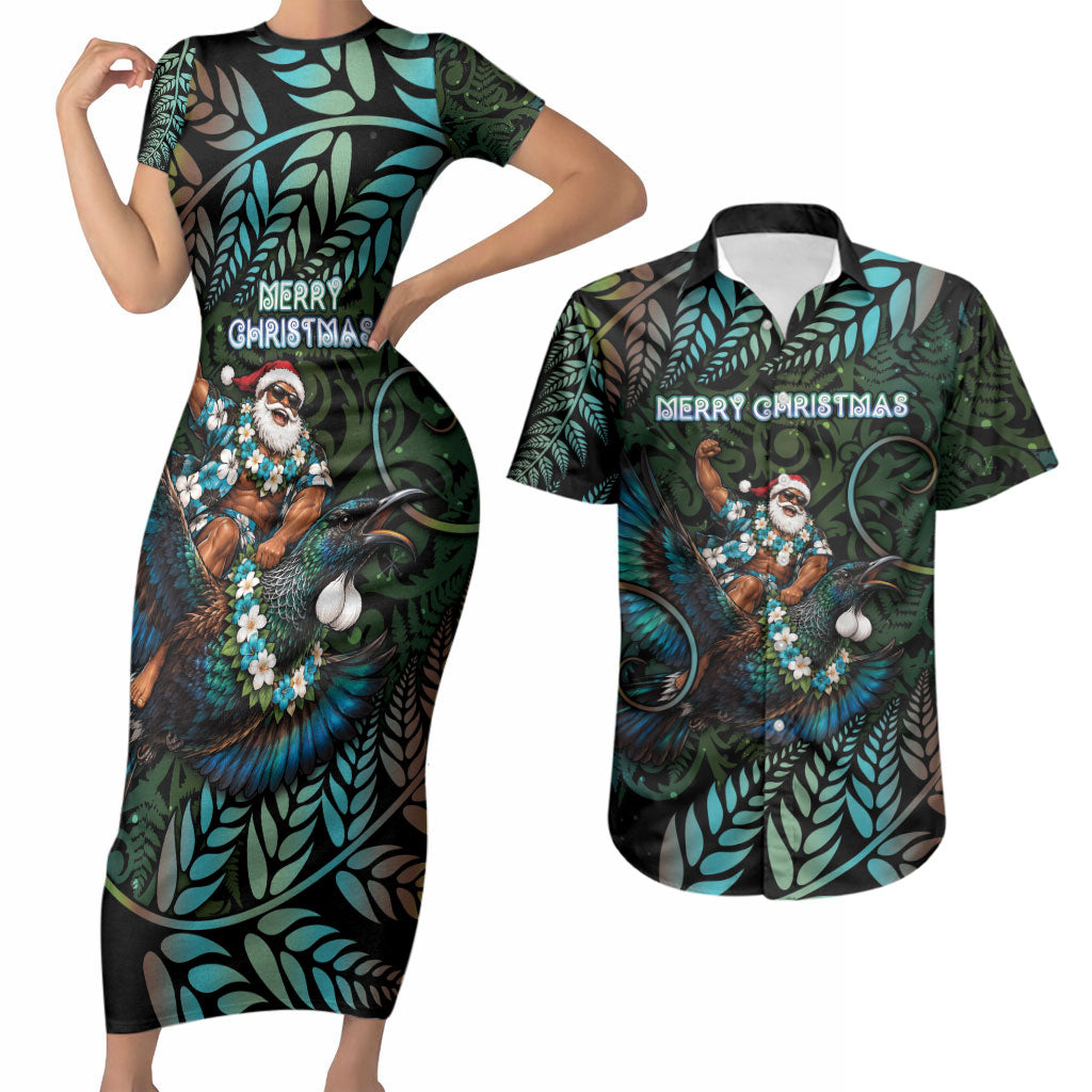 New Zealand Christmas Couples Matching Short Sleeve Bodycon Dress and Hawaiian Shirt Santa Riding Tui Bird Silver Fern