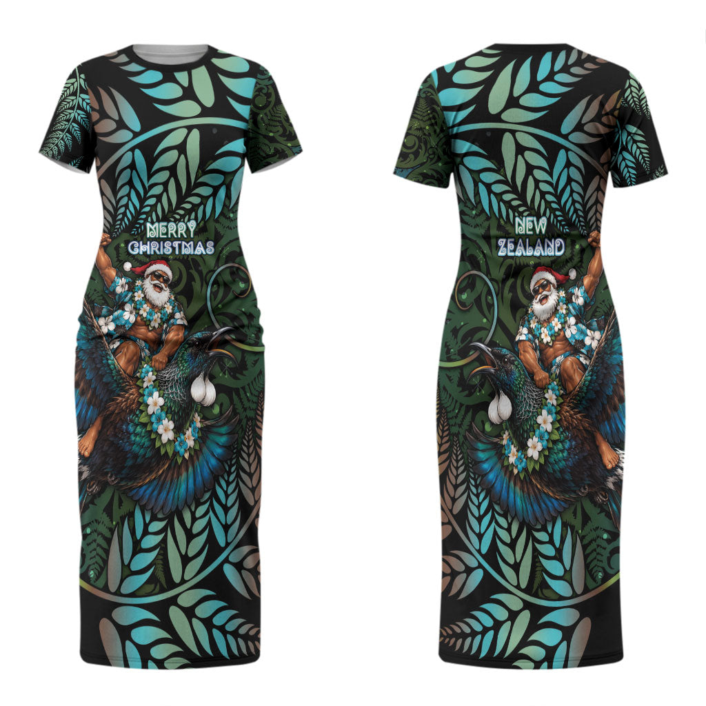 New Zealand Christmas Couples Matching Short Sleeve Bodycon Dress and Hawaiian Shirt Santa Riding Tui Bird Silver Fern