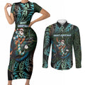 New Zealand Christmas Couples Matching Short Sleeve Bodycon Dress and Long Sleeve Button Shirt Santa Riding Tui Bird Silver Fern