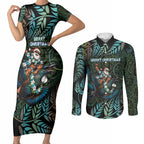 New Zealand Christmas Couples Matching Short Sleeve Bodycon Dress and Long Sleeve Button Shirt Santa Riding Tui Bird Silver Fern