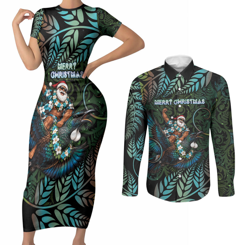New Zealand Christmas Couples Matching Short Sleeve Bodycon Dress and Long Sleeve Button Shirt Santa Riding Tui Bird Silver Fern