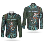 New Zealand Christmas Couples Matching Short Sleeve Bodycon Dress and Long Sleeve Button Shirt Santa Riding Tui Bird Silver Fern