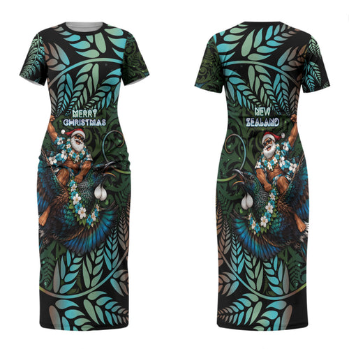 New Zealand Christmas Couples Matching Short Sleeve Bodycon Dress and Long Sleeve Button Shirt Santa Riding Tui Bird Silver Fern