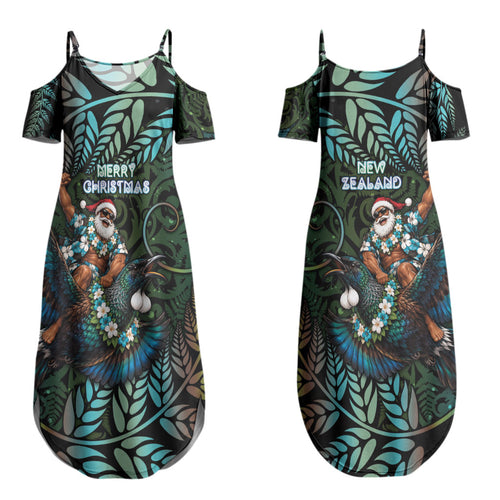 New Zealand Christmas Couples Matching Summer Maxi Dress and Hawaiian Shirt Santa Riding Tui Bird Silver Fern