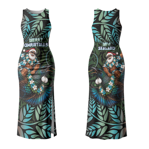 New Zealand Christmas Couples Matching Tank Maxi Dress and Long Sleeve Button Shirt Santa Riding Tui Bird Silver Fern