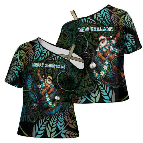 New Zealand Christmas Cross Shoulder Shirt Santa Riding Tui Bird Silver Fern