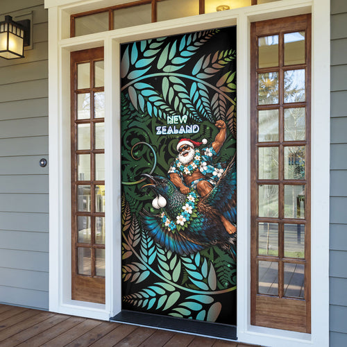 New Zealand Christmas Door Cover Santa Riding Tui Bird Silver Fern