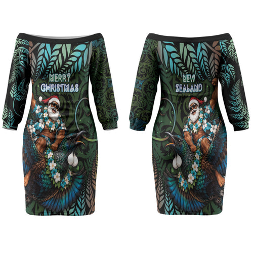 New Zealand Christmas Family Matching Off The Shoulder Long Sleeve Dress and Hawaiian Shirt Santa Riding Tui Bird Silver Fern