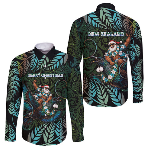 New Zealand Christmas Family Matching Off The Shoulder Long Sleeve Dress and Hawaiian Shirt Santa Riding Tui Bird Silver Fern