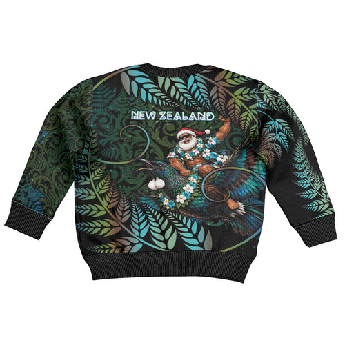 New Zealand Christmas Kid Ugly Christmas Sweater Santa Riding Tui Bird Silver Fern