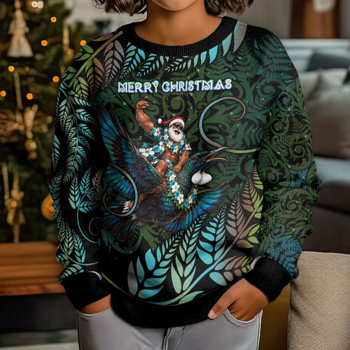 New Zealand Christmas Kid Ugly Christmas Sweater Santa Riding Tui Bird Silver Fern