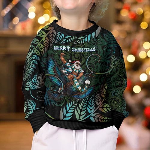 New Zealand Christmas Kid Ugly Christmas Sweater Santa Riding Tui Bird Silver Fern