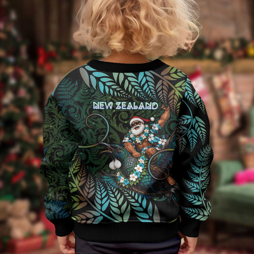 New Zealand Christmas Kid Ugly Christmas Sweater Santa Riding Tui Bird Silver Fern