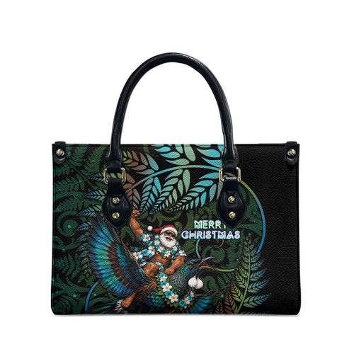 New Zealand Christmas Leather Bag Santa Riding Tui Bird Silver Fern