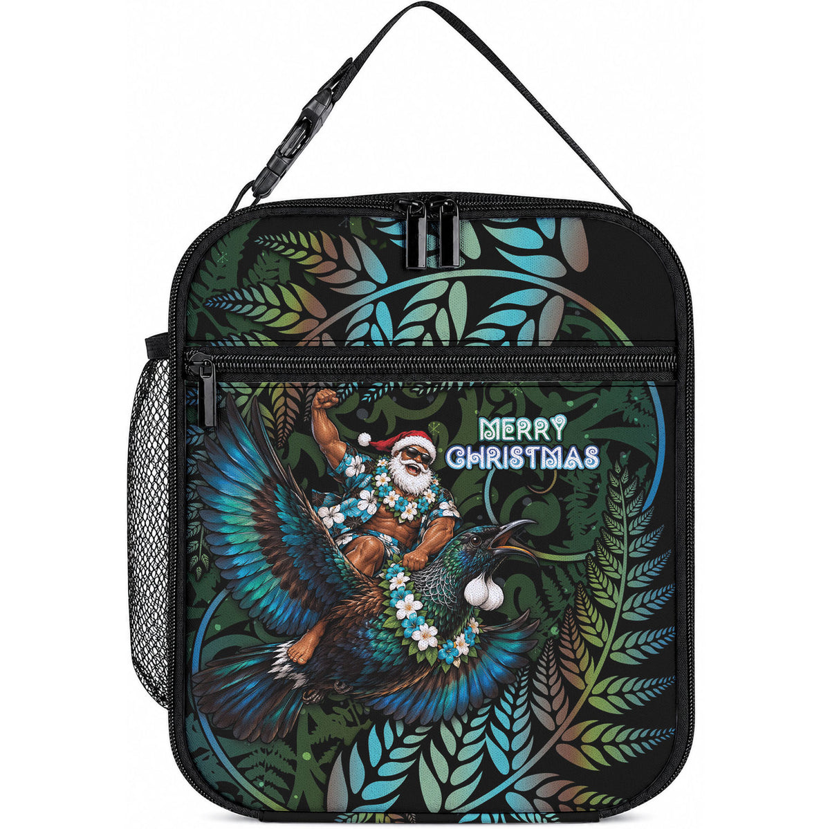 New Zealand Christmas Lunch Bag Santa Riding Tui Bird Silver Fern