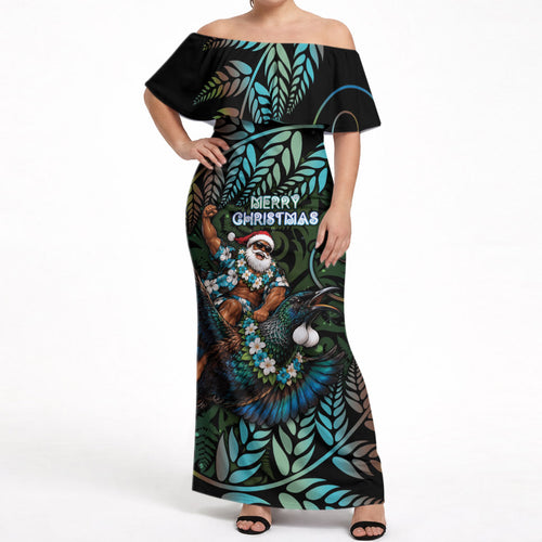 New Zealand Christmas Off Shoulder Maxi Dress Santa Riding Tui Bird Silver Fern