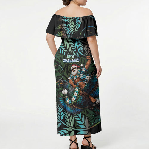New Zealand Christmas Off Shoulder Maxi Dress Santa Riding Tui Bird Silver Fern