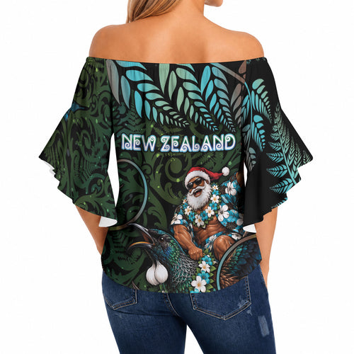 New Zealand Christmas Off Shoulder Wrap Waist Top Santa Riding Tui Bird Silver Fern