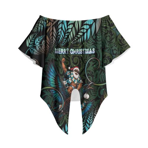 New Zealand Christmas Off Shoulder Wrap Waist Top Santa Riding Tui Bird Silver Fern
