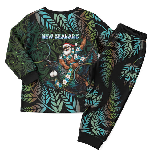 New Zealand Christmas Pajama Set Santa Riding Tui Bird Silver Fern