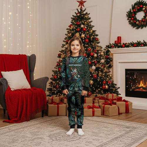 New Zealand Christmas Pajama Set Santa Riding Tui Bird Silver Fern