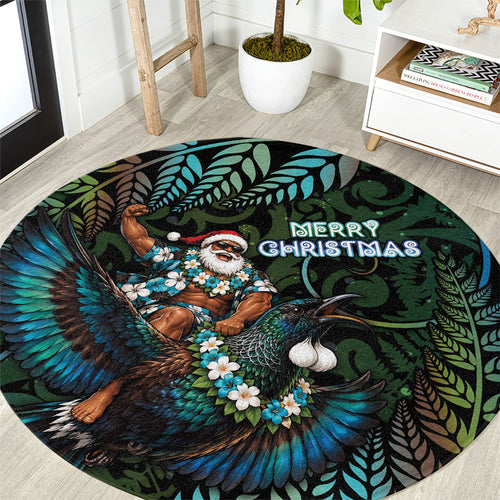 New Zealand Christmas Round Carpet Santa Riding Tui Bird Silver Fern