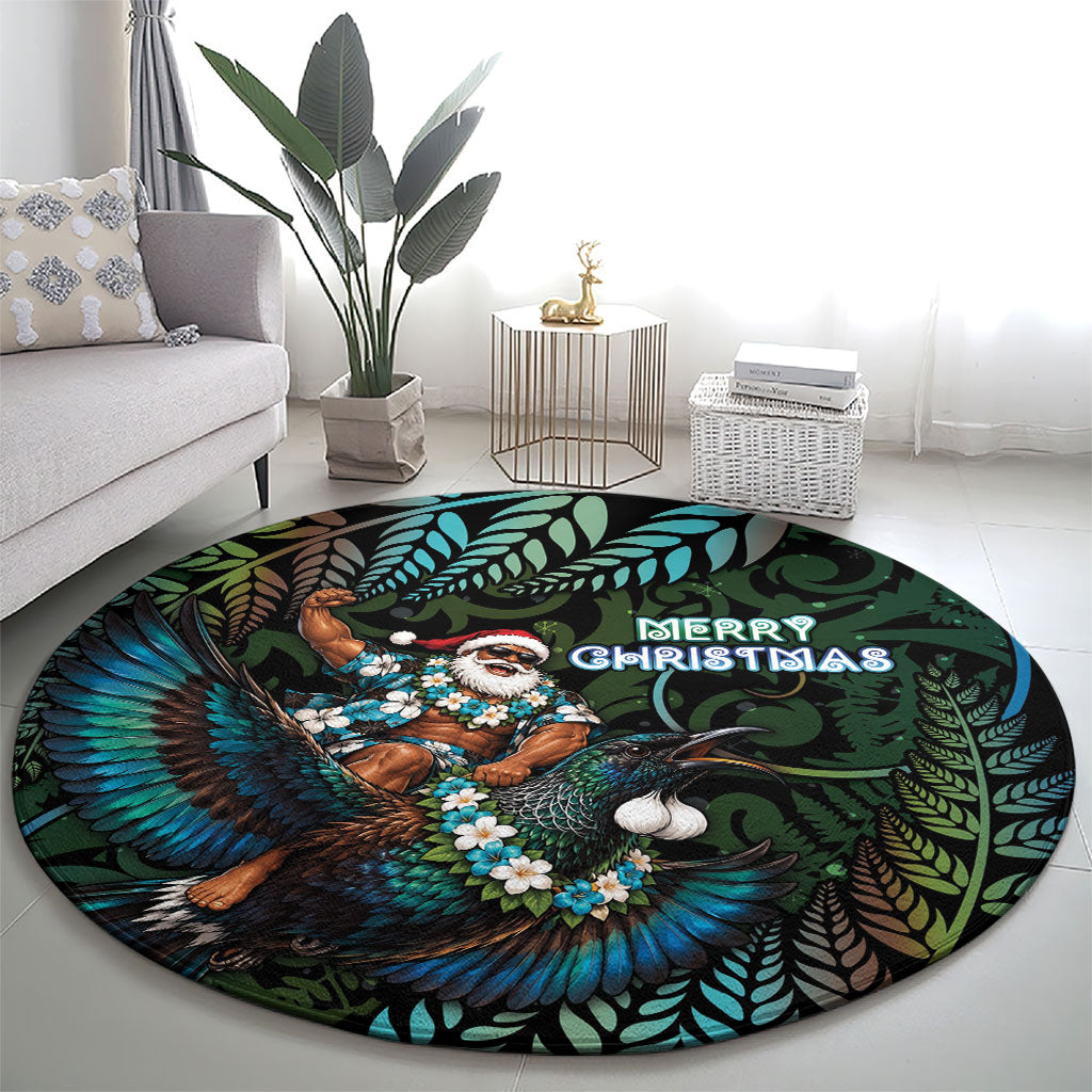 New Zealand Christmas Round Carpet Santa Riding Tui Bird Silver Fern