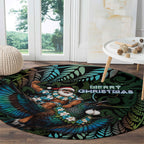 New Zealand Christmas Round Carpet Santa Riding Tui Bird Silver Fern