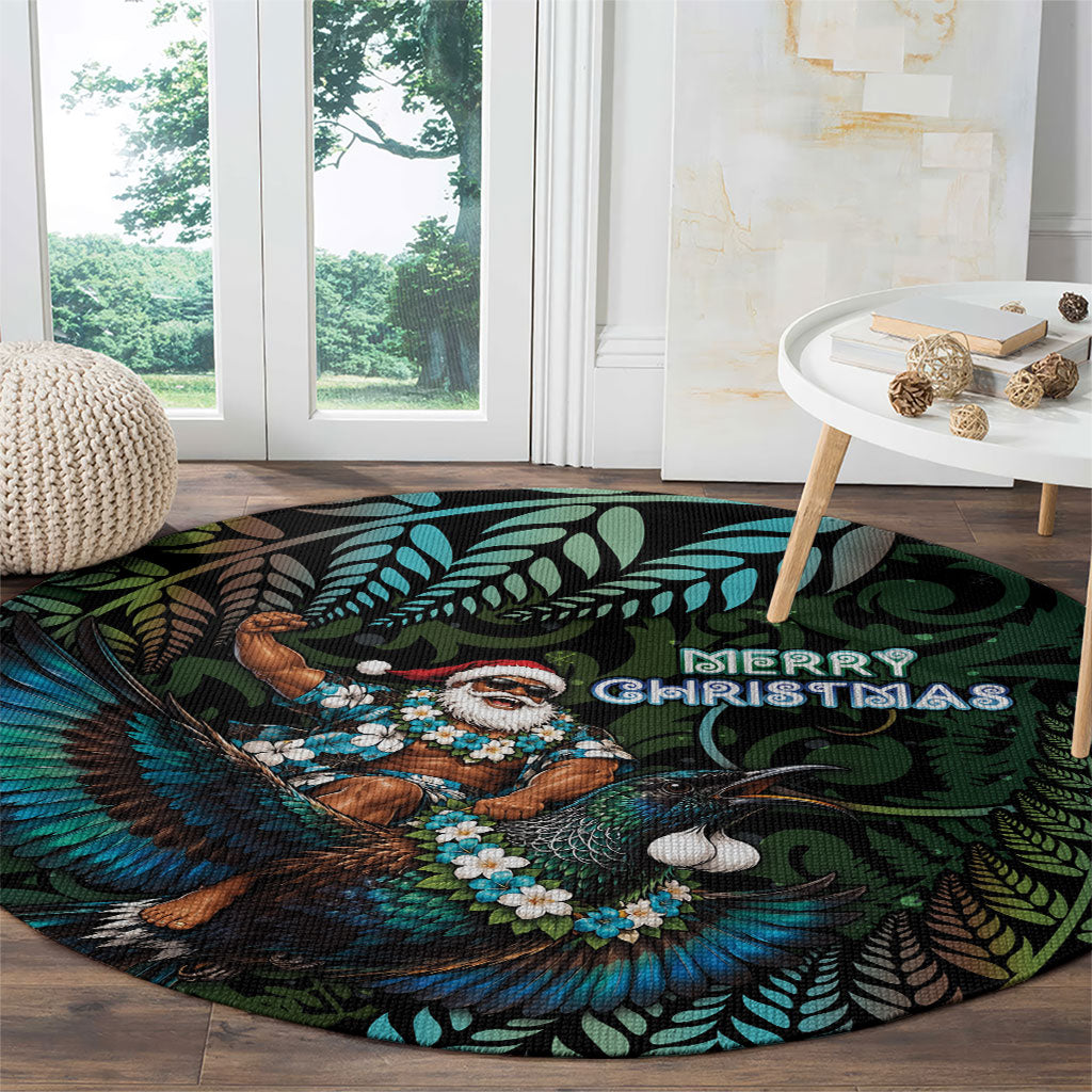 New Zealand Christmas Round Carpet Santa Riding Tui Bird Silver Fern